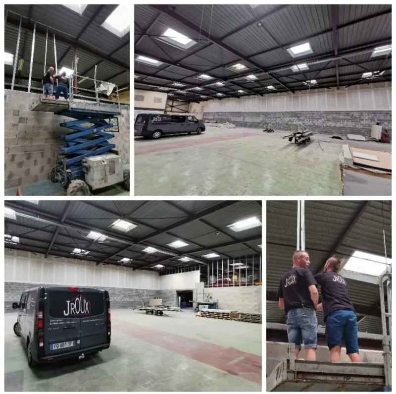 L'équipe de JRoux Rénovation et le camion de l'entreprise sur un chantier d'aménagement de hangar